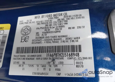 2018 Ford Mustang Ecoboost z USA, uszkodzony, nr VIN 1FA6P8TH2J5168948